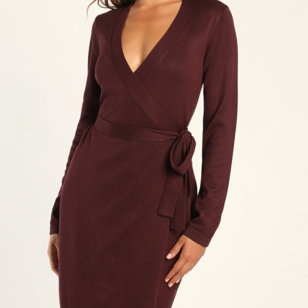 Lulus Literary Lover Plum Wrap Sweater Dress Purple - Size M